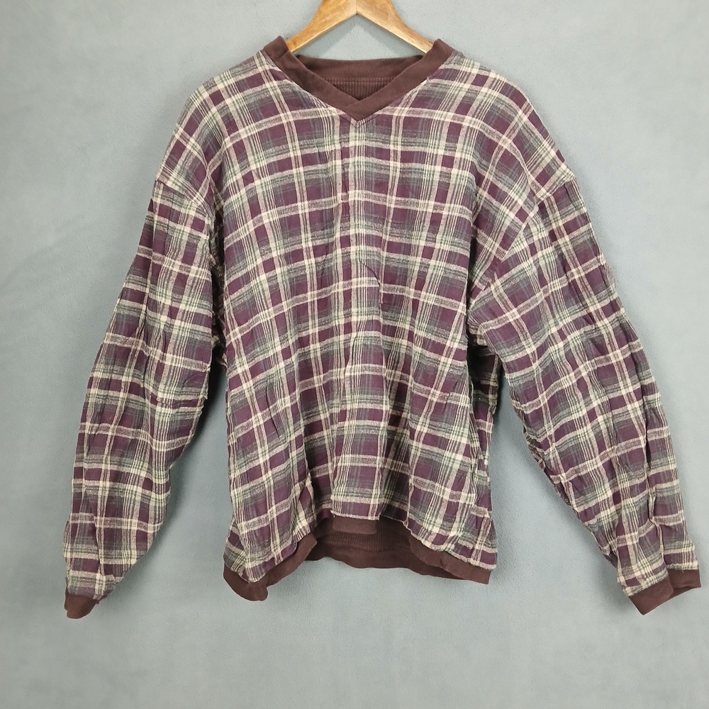Redial Sports Wear Sweater Men Large Dark Purple Cotton Checkered Classic V Neck